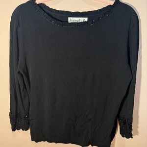 JOSEPH A Black Tight Knit Sequin Beads around Neck and Sleeves Top Fitted SZ/XL